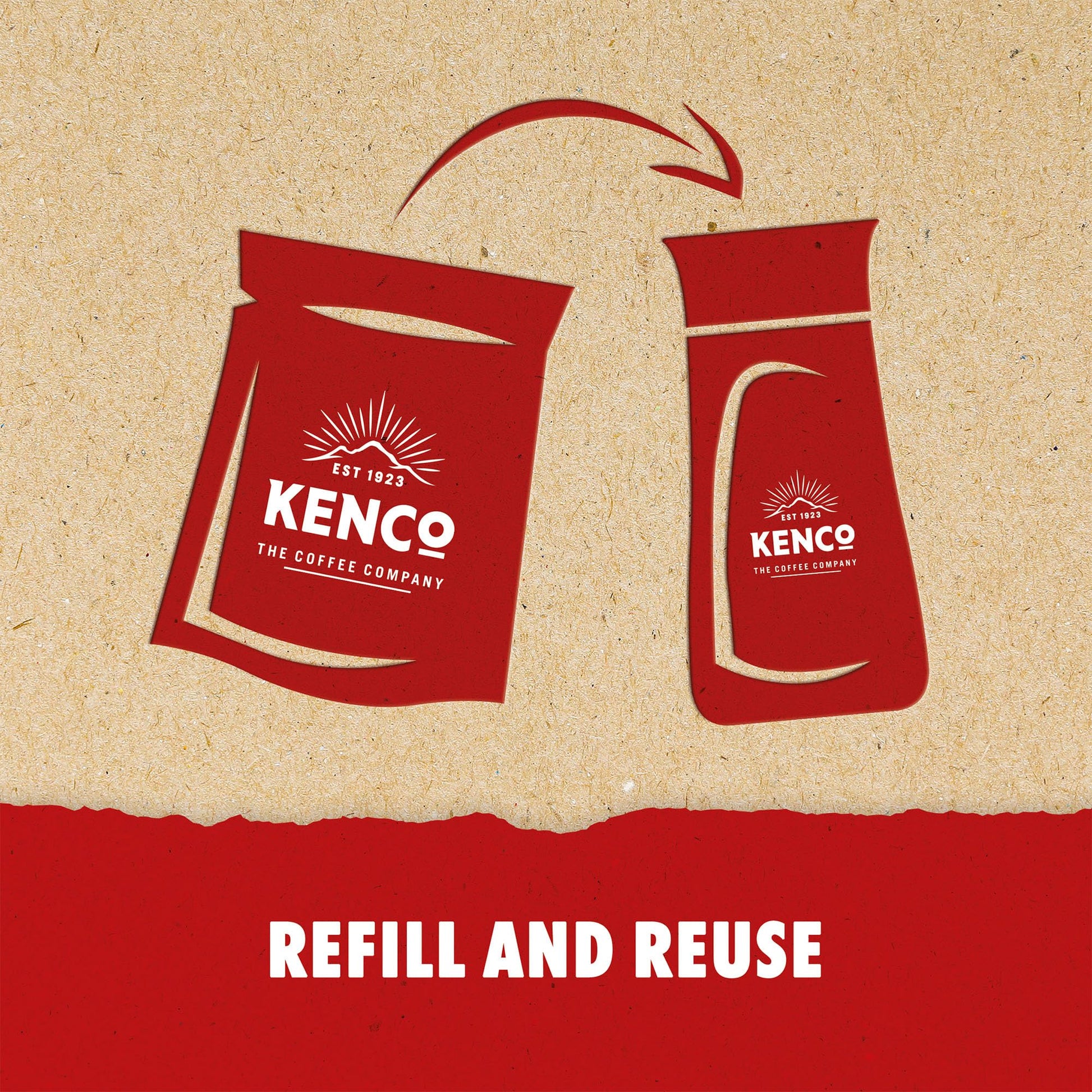 Red Kenco coffee bags on a brown background with 'Refill and Reuse' text.