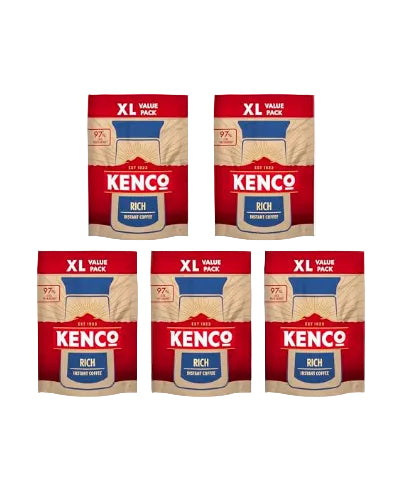 Five Kenco Rich instant coffee packages in XL value pack on a white background