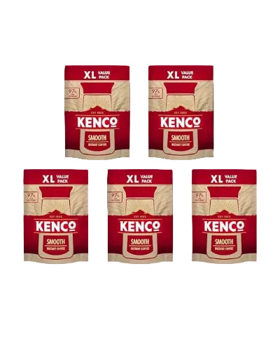 Five packages of Kenco Smooth Instant Coffee on a black background