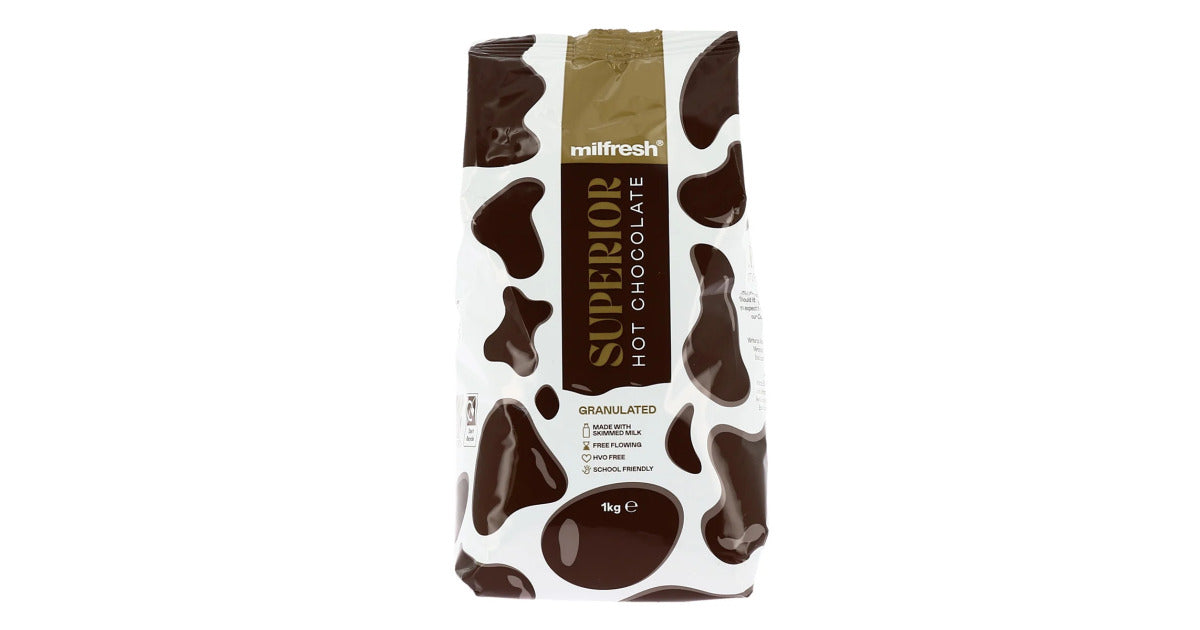 Pack of milfresh superior hot chocolate on a white background