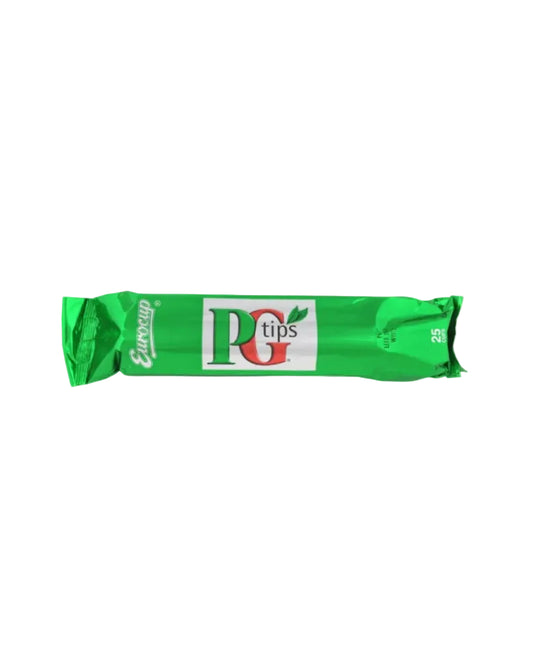 Green packet of PG Tips tea on a white background