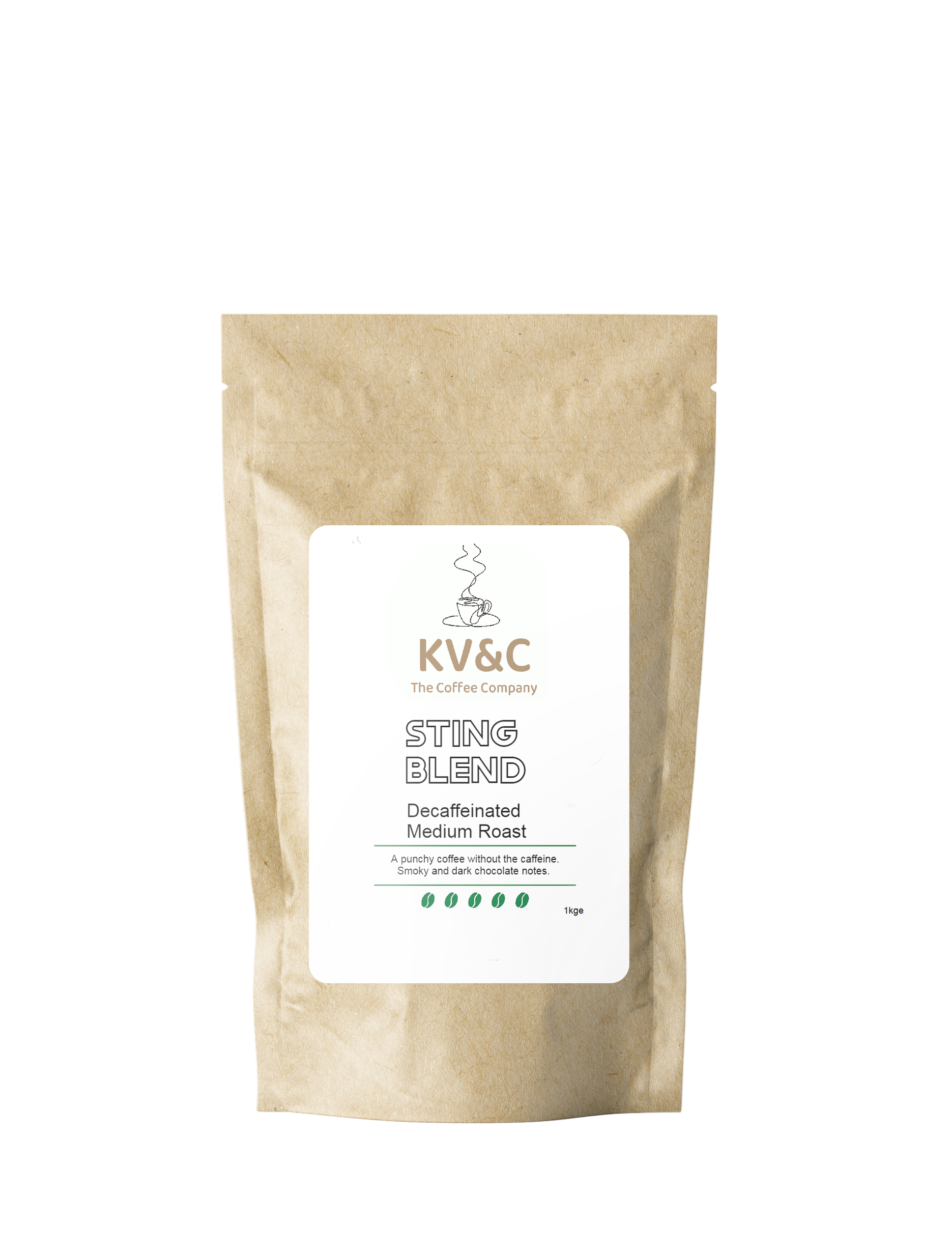 Kraft paper coffee bag with KV&C label on a white background