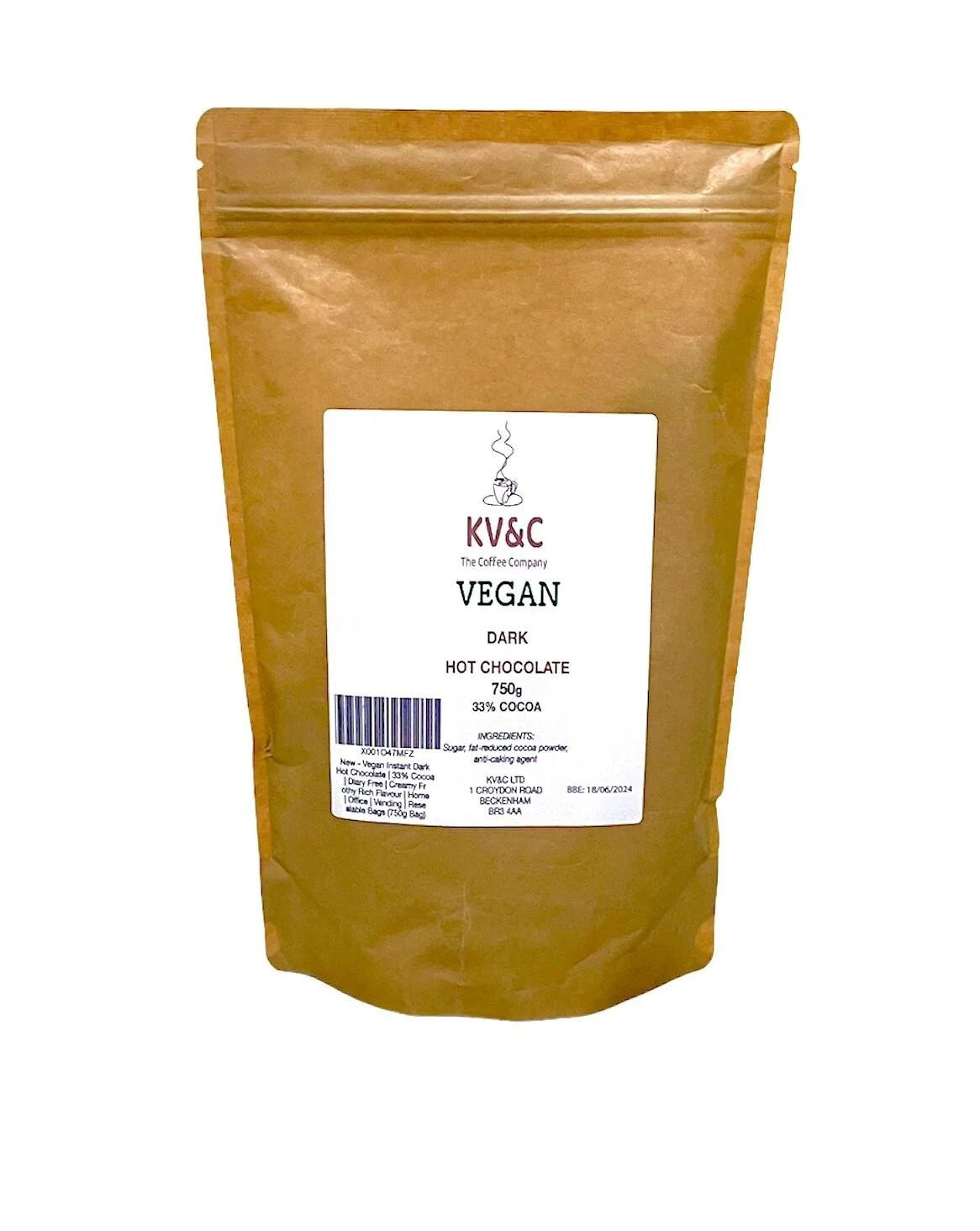 Vegan Instant Dark Hot Chocolate – 33% Cocoa, Dairy-Free, Rich & Creamy, 750g