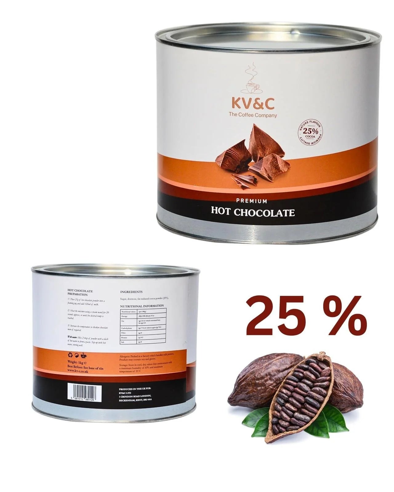 KV&C 25% Hot Choc Powder 1kg Tin – Rich Hot Chocolate Drink Mix with Real Cocoa