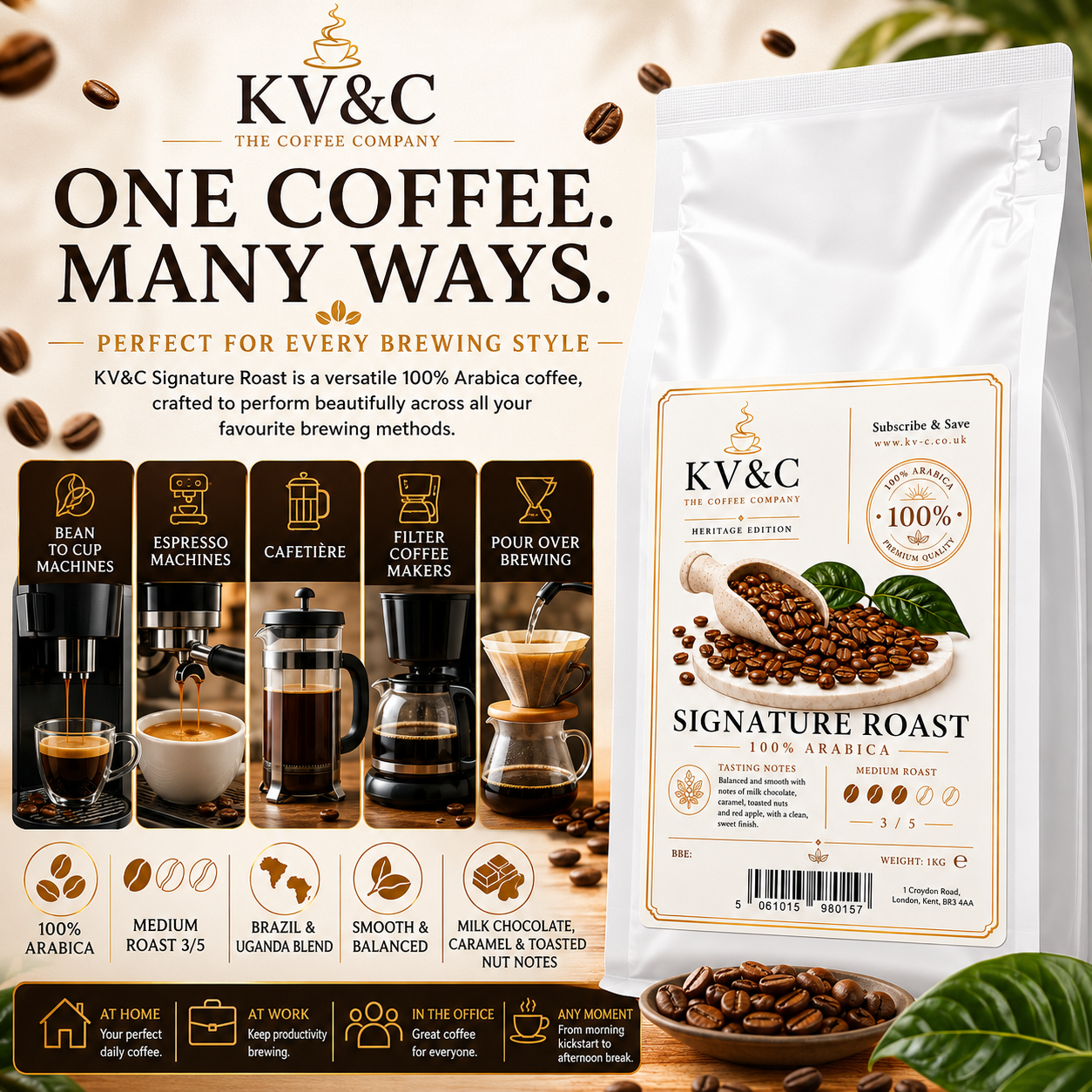 KV&C Signature Roast Coffee Beans 1kg 100% Arabica Medium Roast Blend